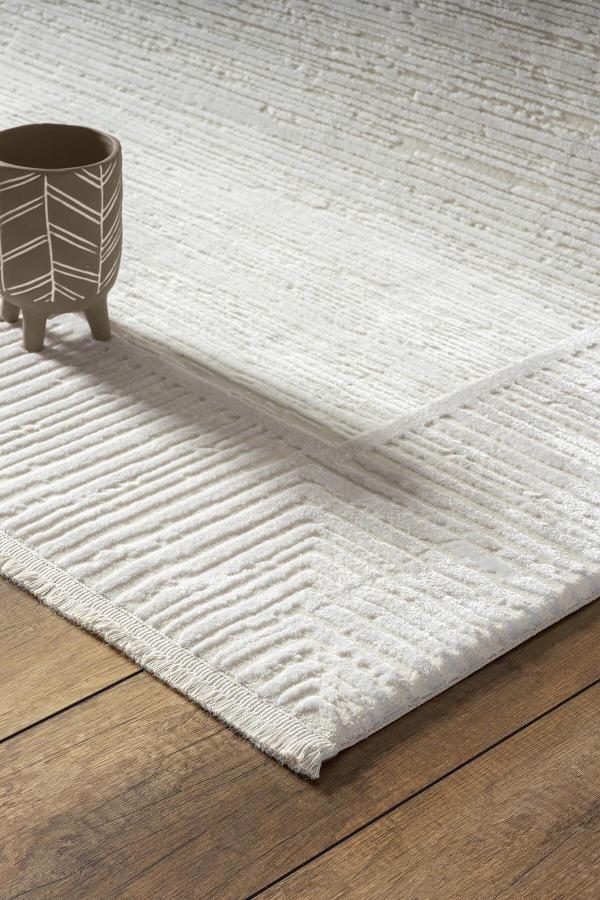 Textured Cream Border Area Rug – Modern Minimalist Geometric Wool Carpet (7x10ft)