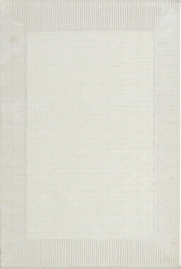 Textured Cream Border Area Rug – Modern Minimalist Geometric Wool Carpet (7x10ft)
