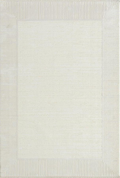 Textured Cream Border Area Rug – Modern Minimalist Geometric Wool Carpet (7x10ft)