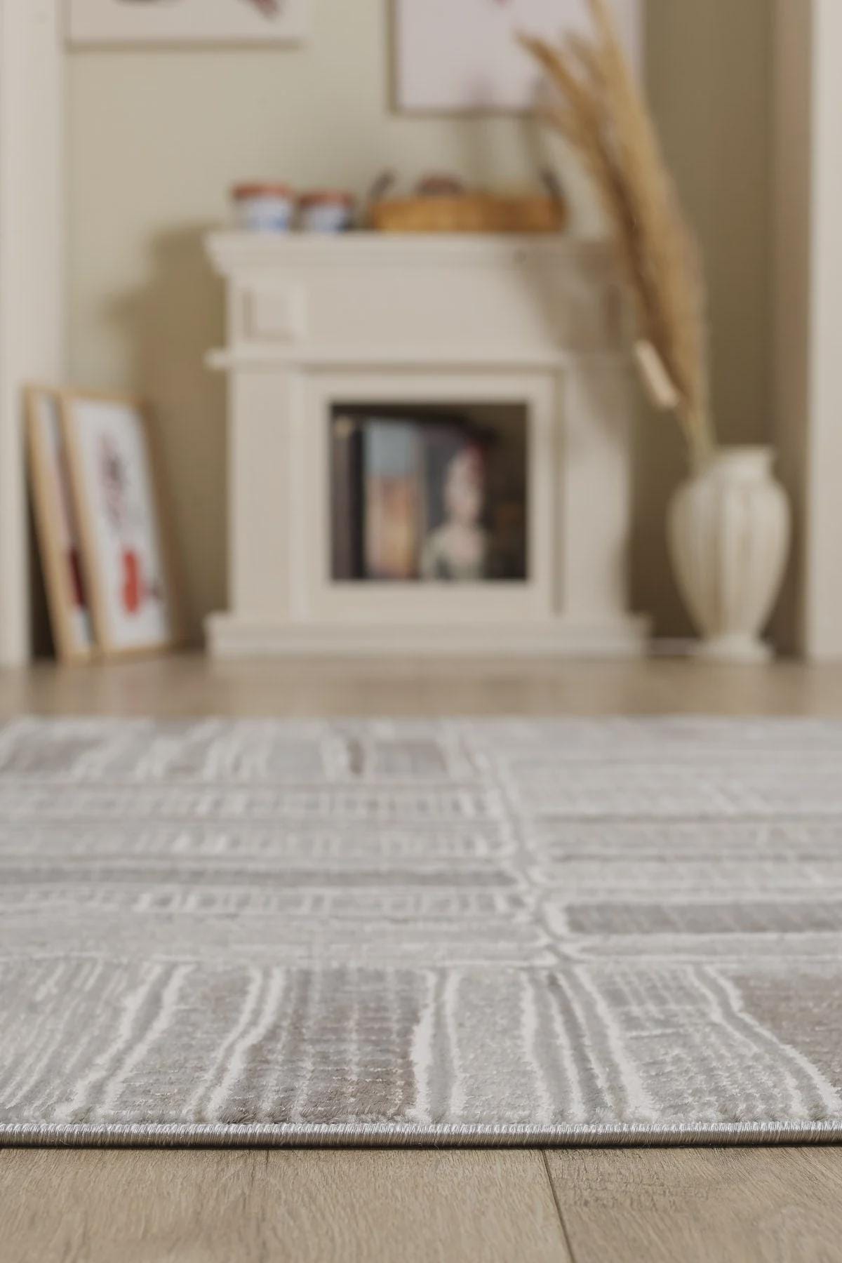 Modern Abstract Grid Rug – Geometric Texture, Neutral Sand Carpet (200x300cm)