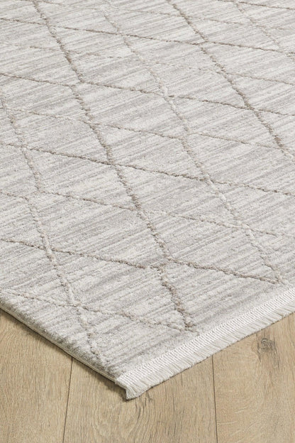 Modern Scandinavian Diamond Lattice Area Rug with Tassel Fringe – Neutral Cream & Grey - 200x300cm - 7x10ft