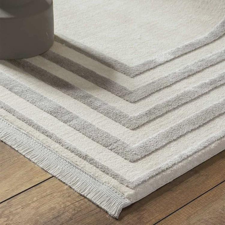 Modern Geometric Area Rug – Cream Grey Minimalist Border Design – Soft Neutral Carpet