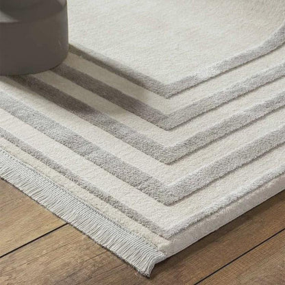Modern Geometric Area Rug – Cream Grey Minimalist Border Design – Soft Neutral Carpet