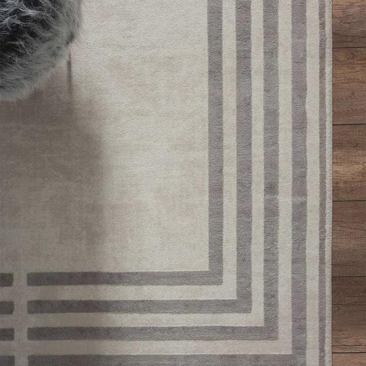 Modern Geometric Area Rug – Cream Grey Minimalist Border Design – Soft Neutral Carpet