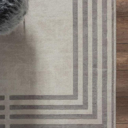 Modern Geometric Area Rug – Cream Grey Minimalist Border Design – Soft Neutral Carpet