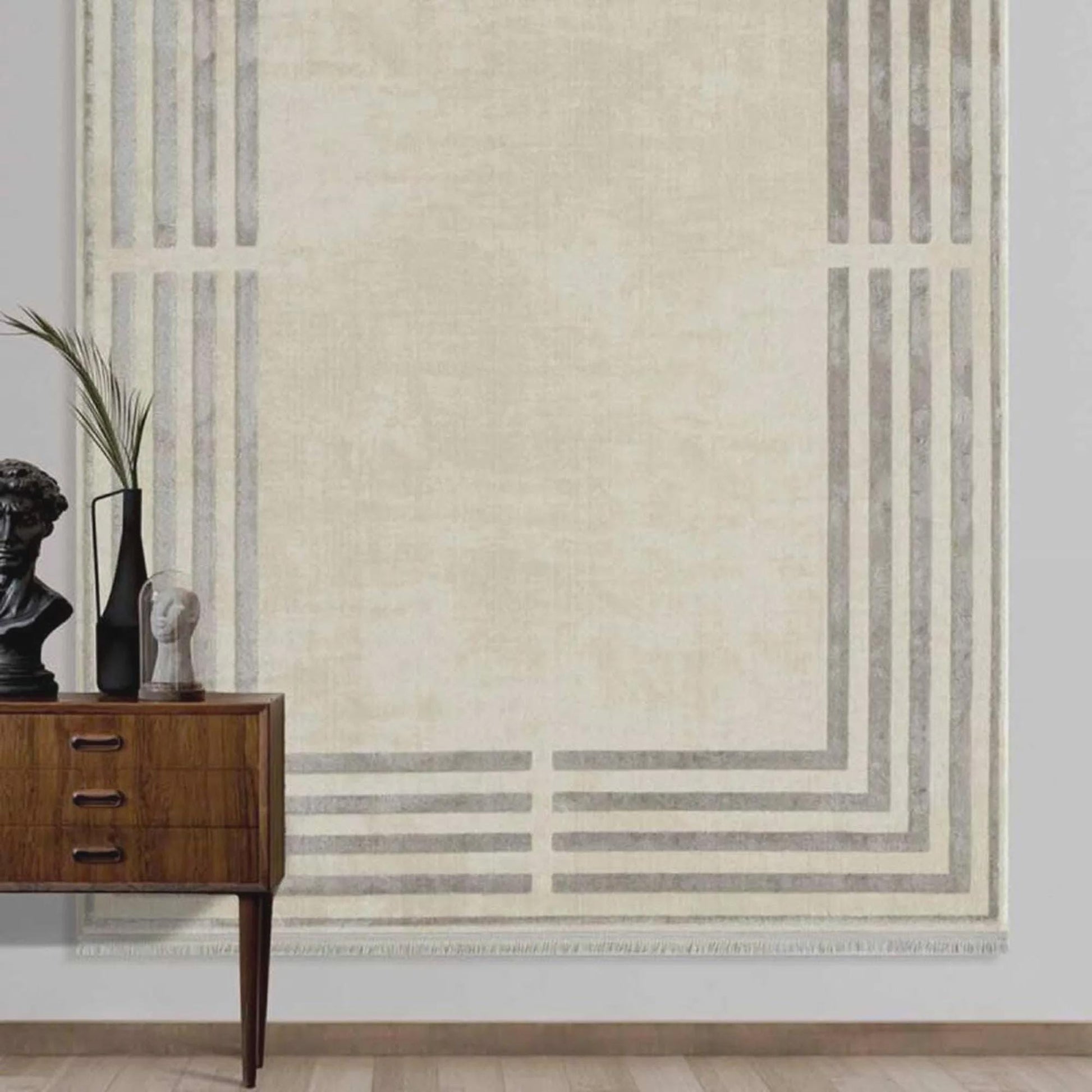 Modern Geometric Area Rug – Cream Grey Minimalist Border Design – Soft Neutral Carpet