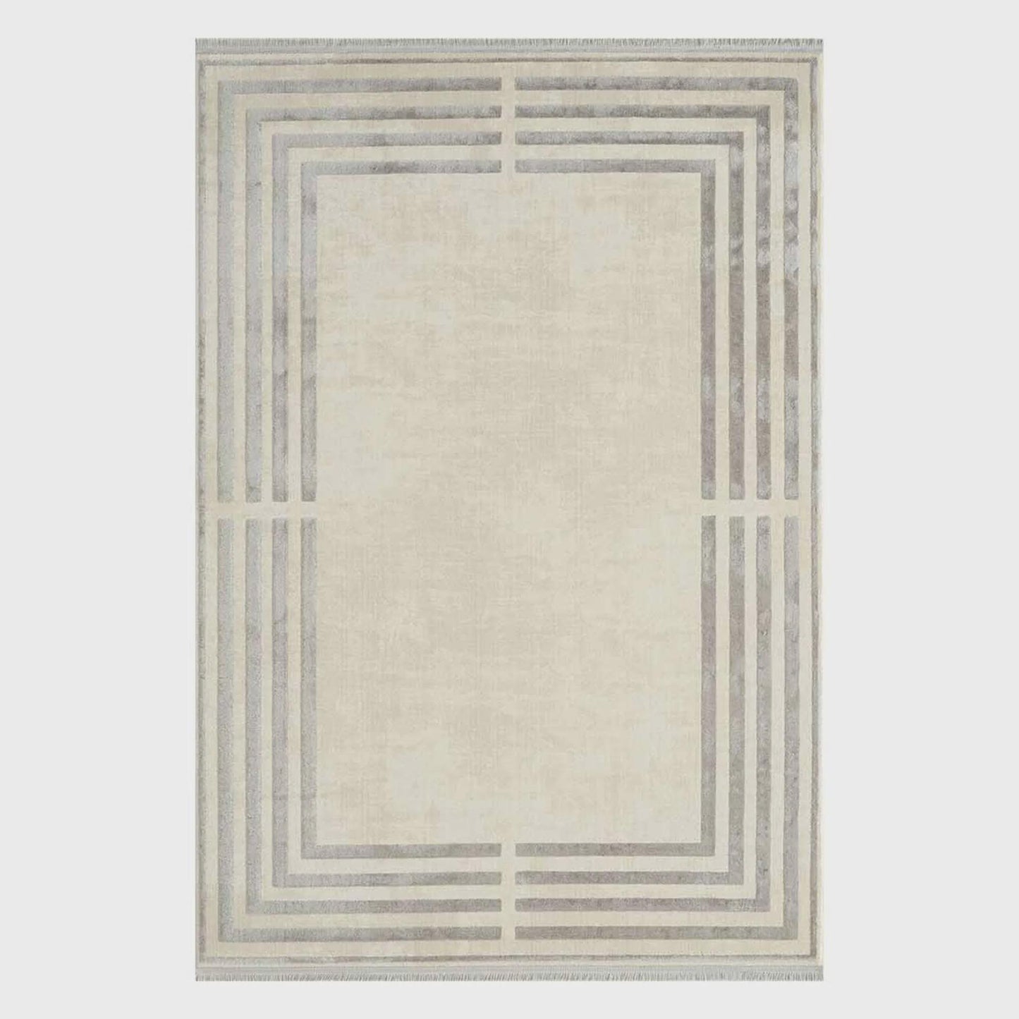 Modern Geometric Area Rug – Cream Grey Minimalist Border Design – Soft Neutral Carpet