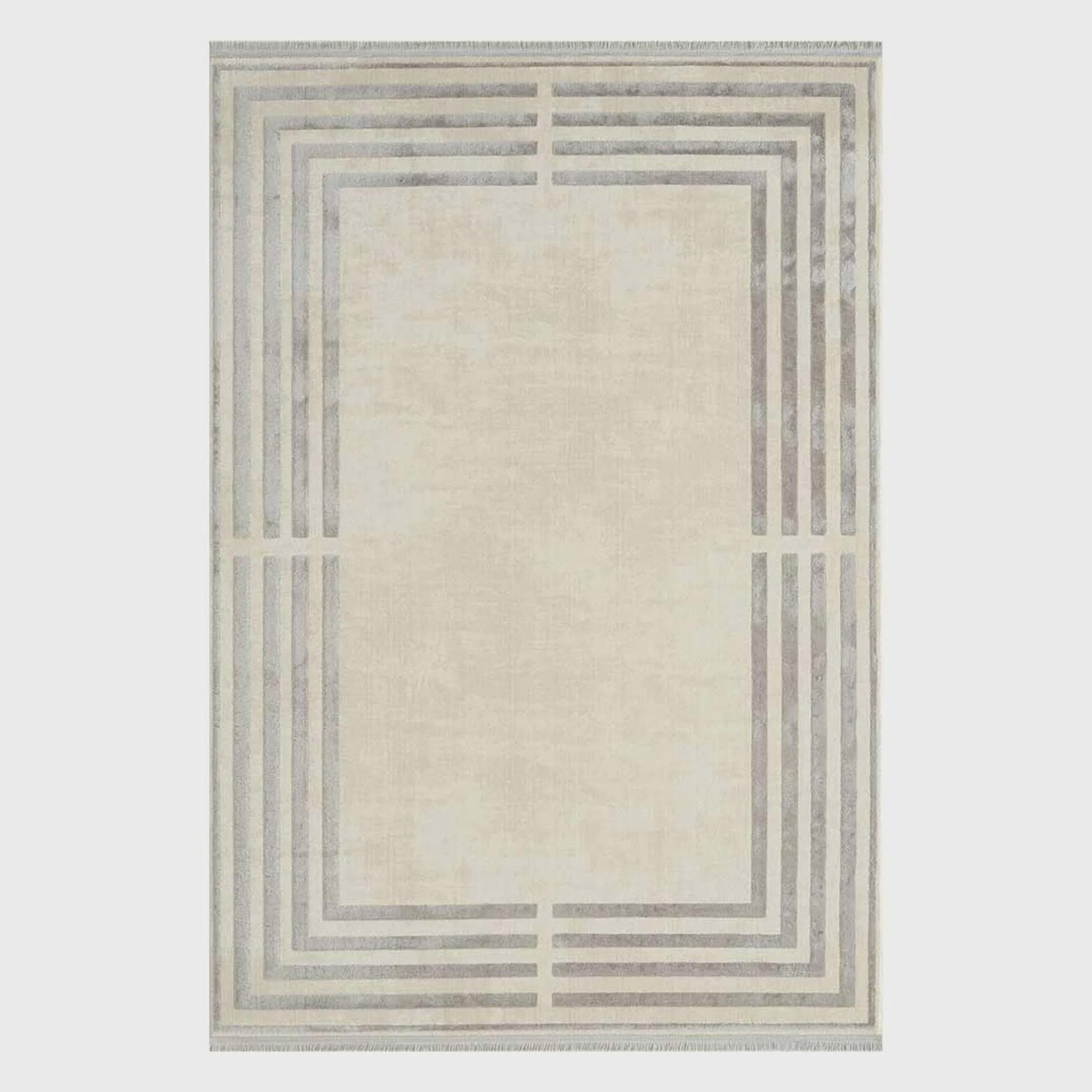 Modern Geometric Area Rug – Cream Grey Minimalist Border Design – Soft Neutral Carpet