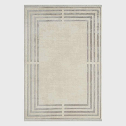 Modern Geometric Area Rug – Cream Grey Minimalist Border Design – Soft Neutral Carpet