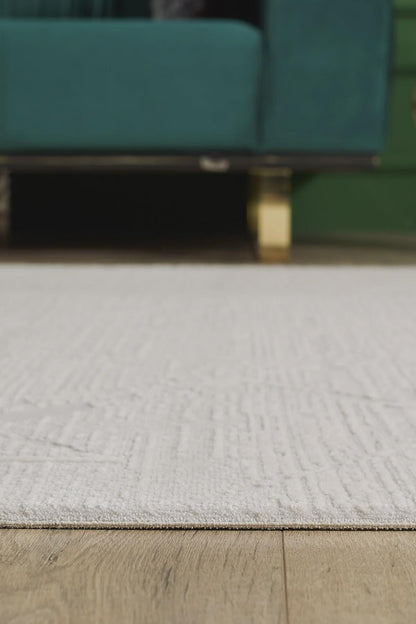 Cream Geometric Area Rug – Textured Low Pile Carpet, Modern Japandi Decor