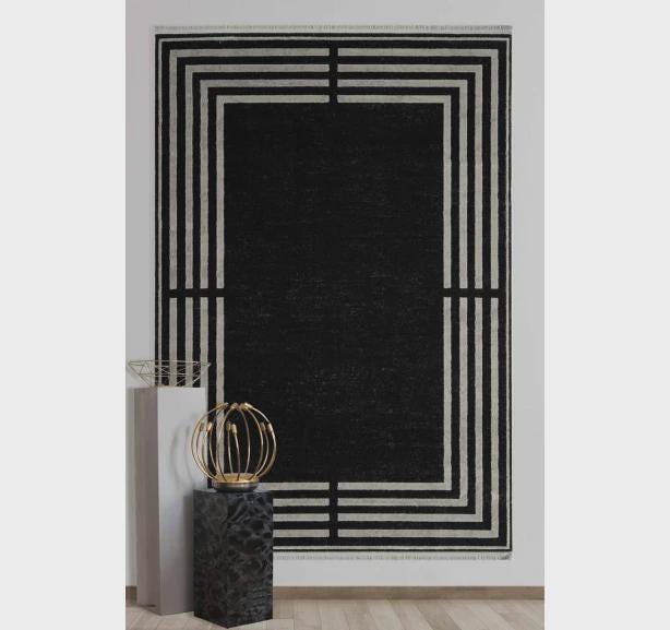 Modern Black Geometric Border Rug, Minimalist Living Room Carpet
