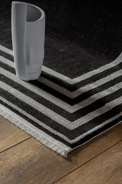 Modern Black Geometric Border Rug, Minimalist Living Room Carpet