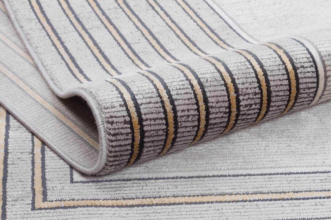 Modern Transitional Area Rug – Slate Grey & Gold Linear Bordered Design - 7x10