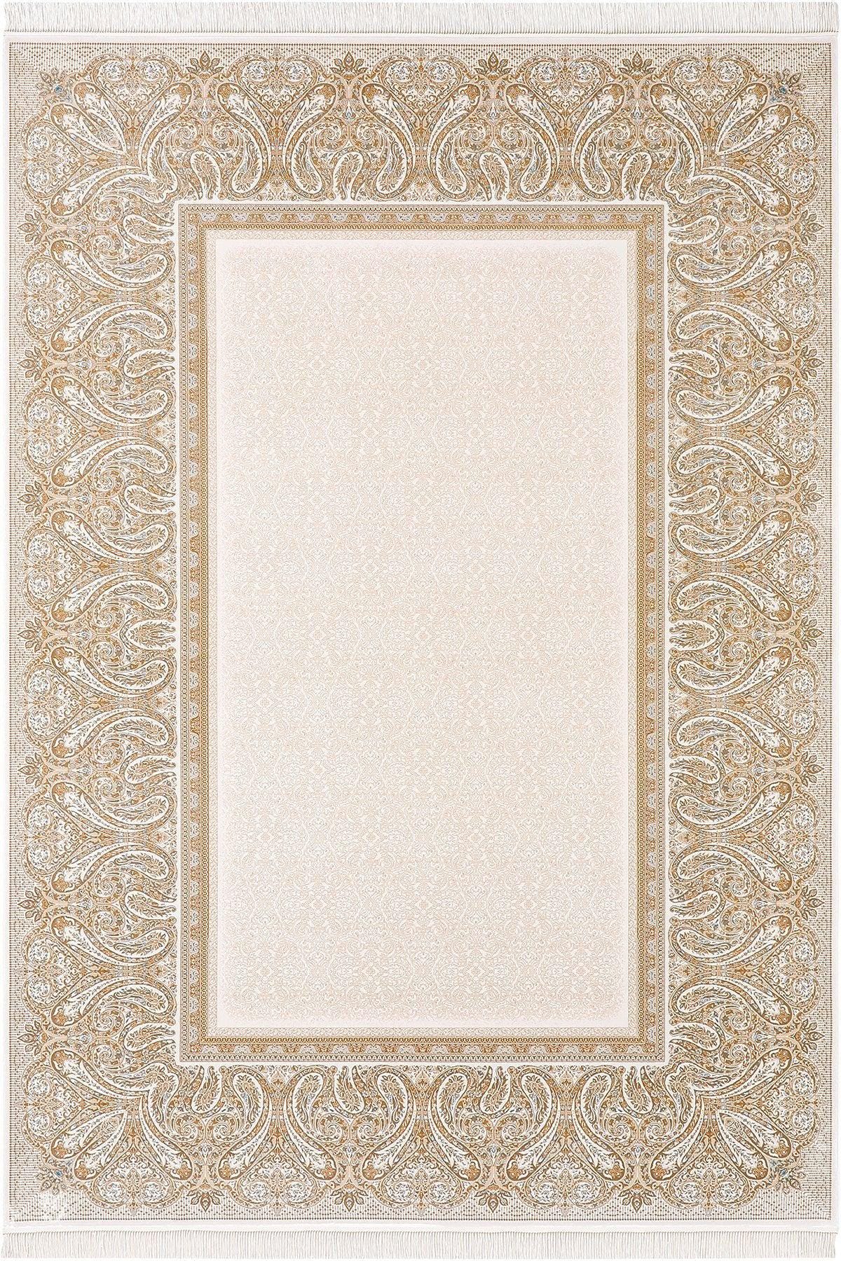 7x10 ft, Beige Classic Silk Rug with paisley desing on the border, fine fringes