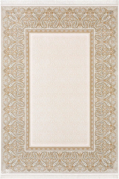 7x10 ft, Beige Classic Silk Rug with paisley desing on the border, fine fringes