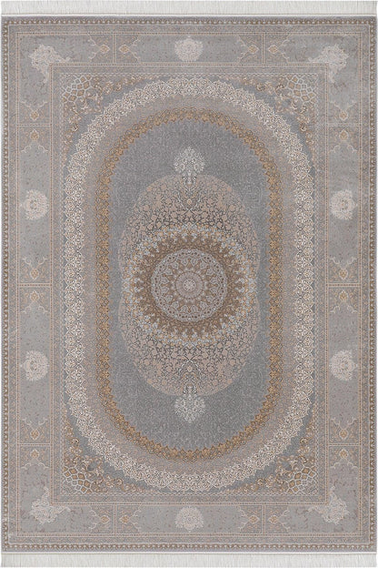 10x13 ft, Beige Silk Rug with medallion design: Classic oriental carpet with fine Fringes