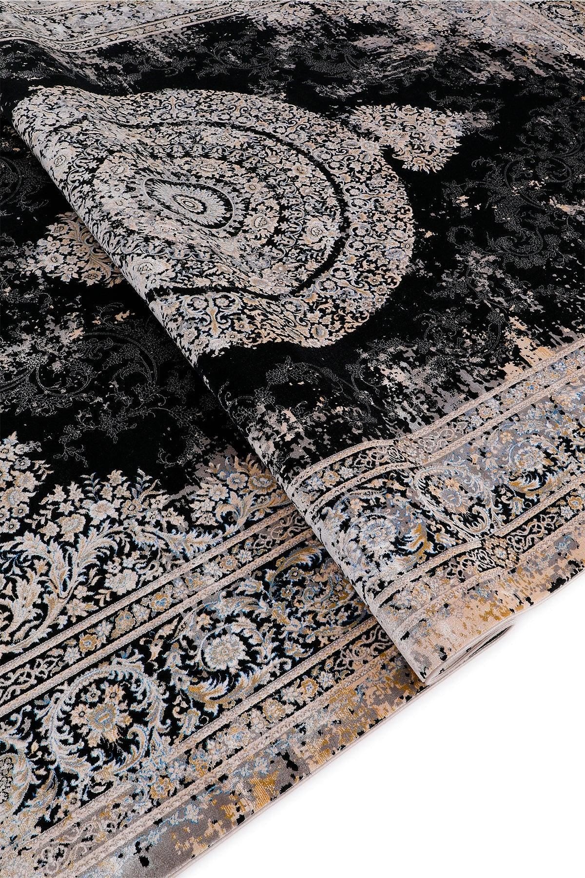 7x10 ft, Black Classic medallion Silk Rug: Fine viscose carpet with Fringes