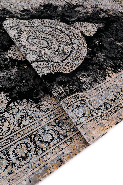 7x10 ft, Black Classic medallion Silk Rug: Fine viscose carpet with Fringes