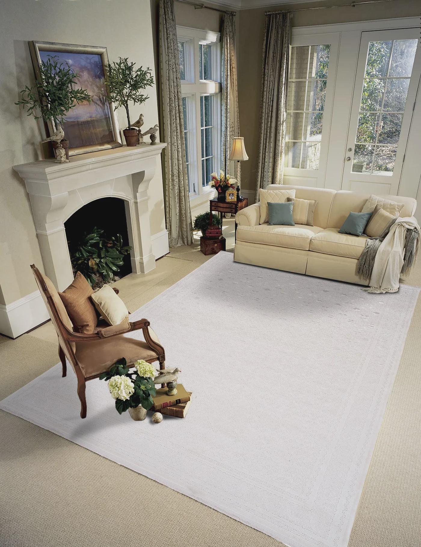 7x10ft, Cream Viscose Geometric Area Rug, Tone-on-Tone Boho Living Room Carpet