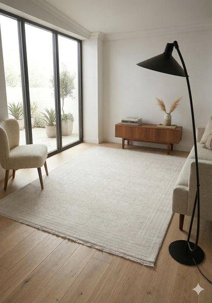7x10ft, Cream Viscose Geometric Area Rug, Tone-on-Tone Boho Living Room Carpet