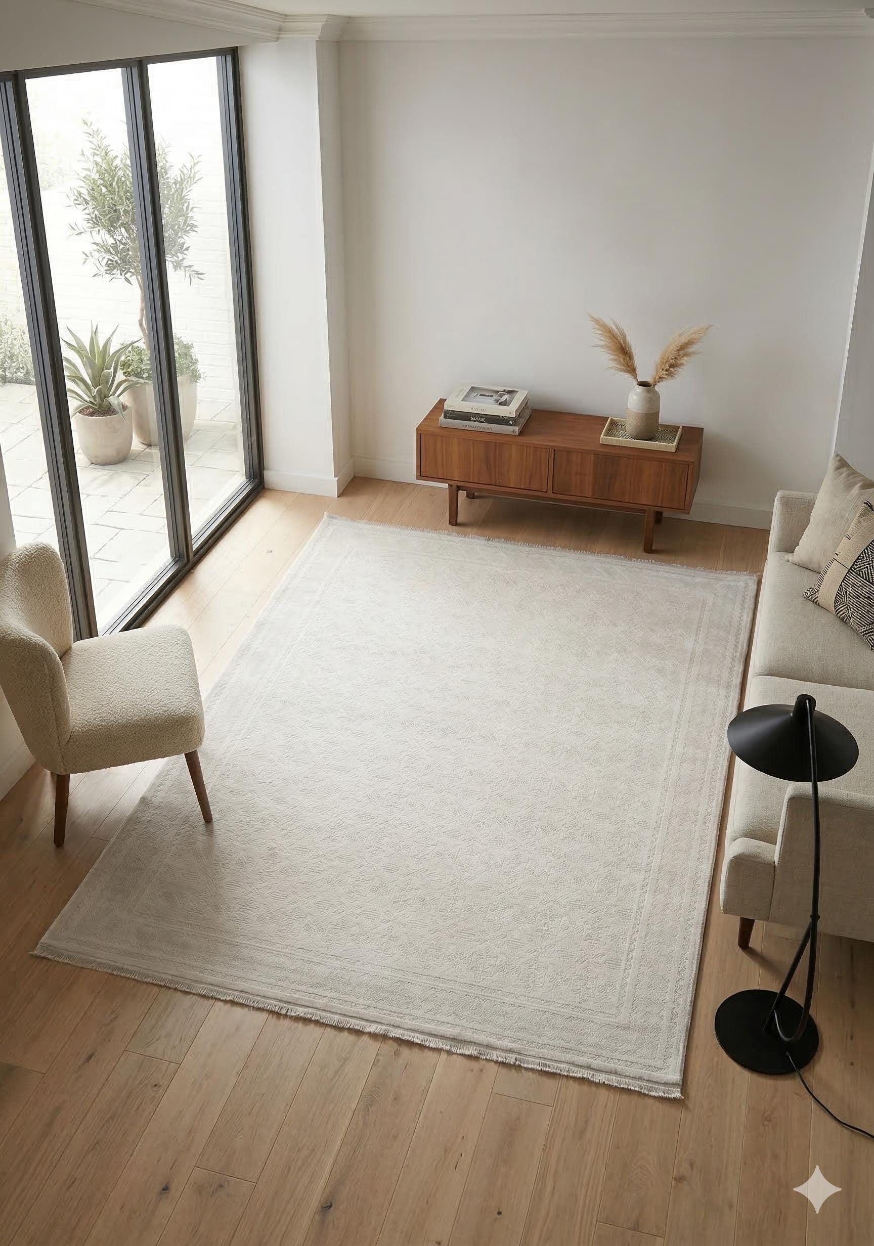 7x10ft, Cream Viscose Geometric Area Rug, Tone-on-Tone Boho Living Room Carpet