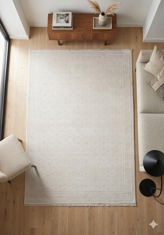 7x10ft, Cream Viscose Geometric Area Rug, Tone-on-Tone Boho Living Room Carpet