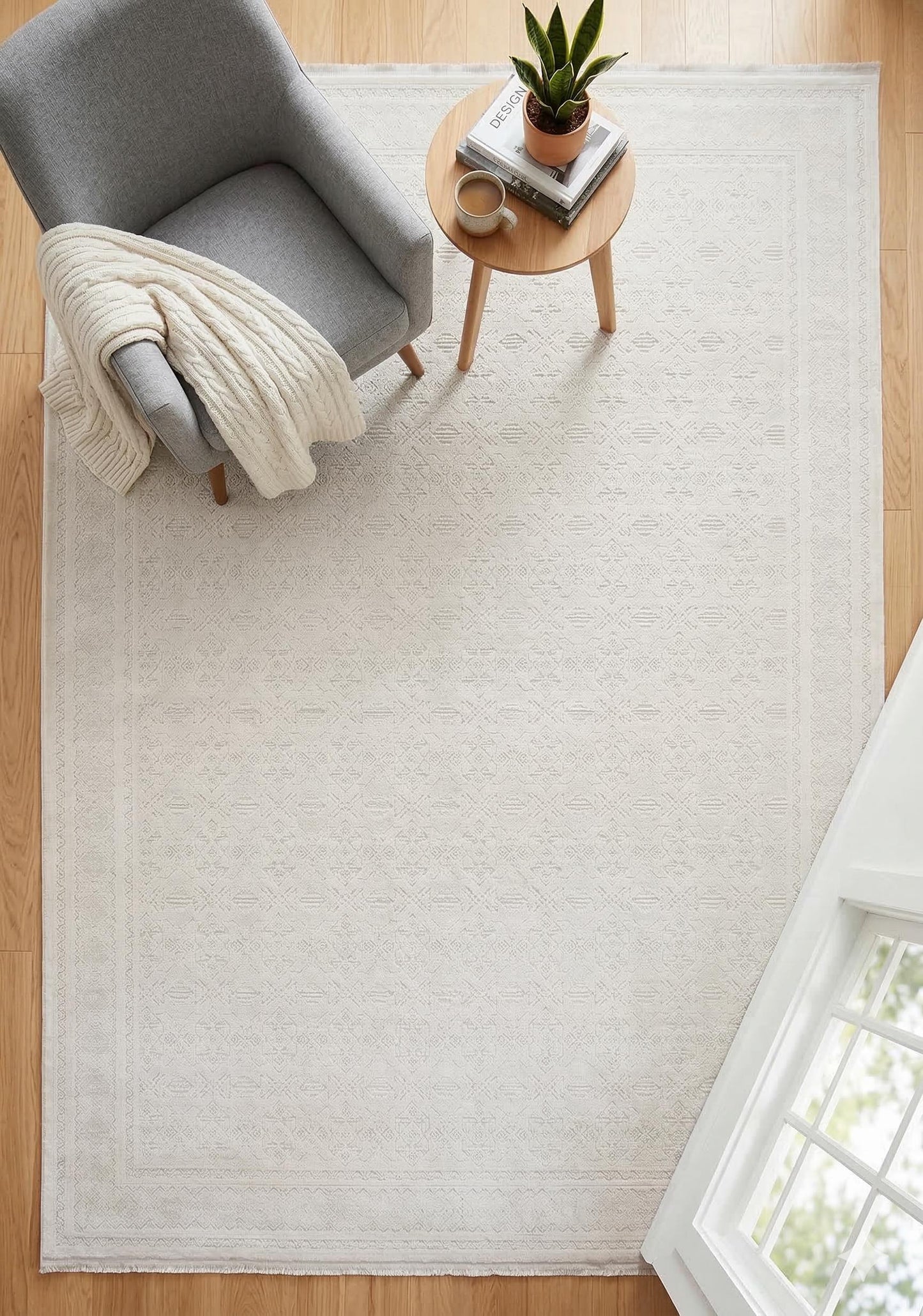 7x10ft, Cream Viscose Geometric Area Rug, Tone-on-Tone Boho Living Room Carpet