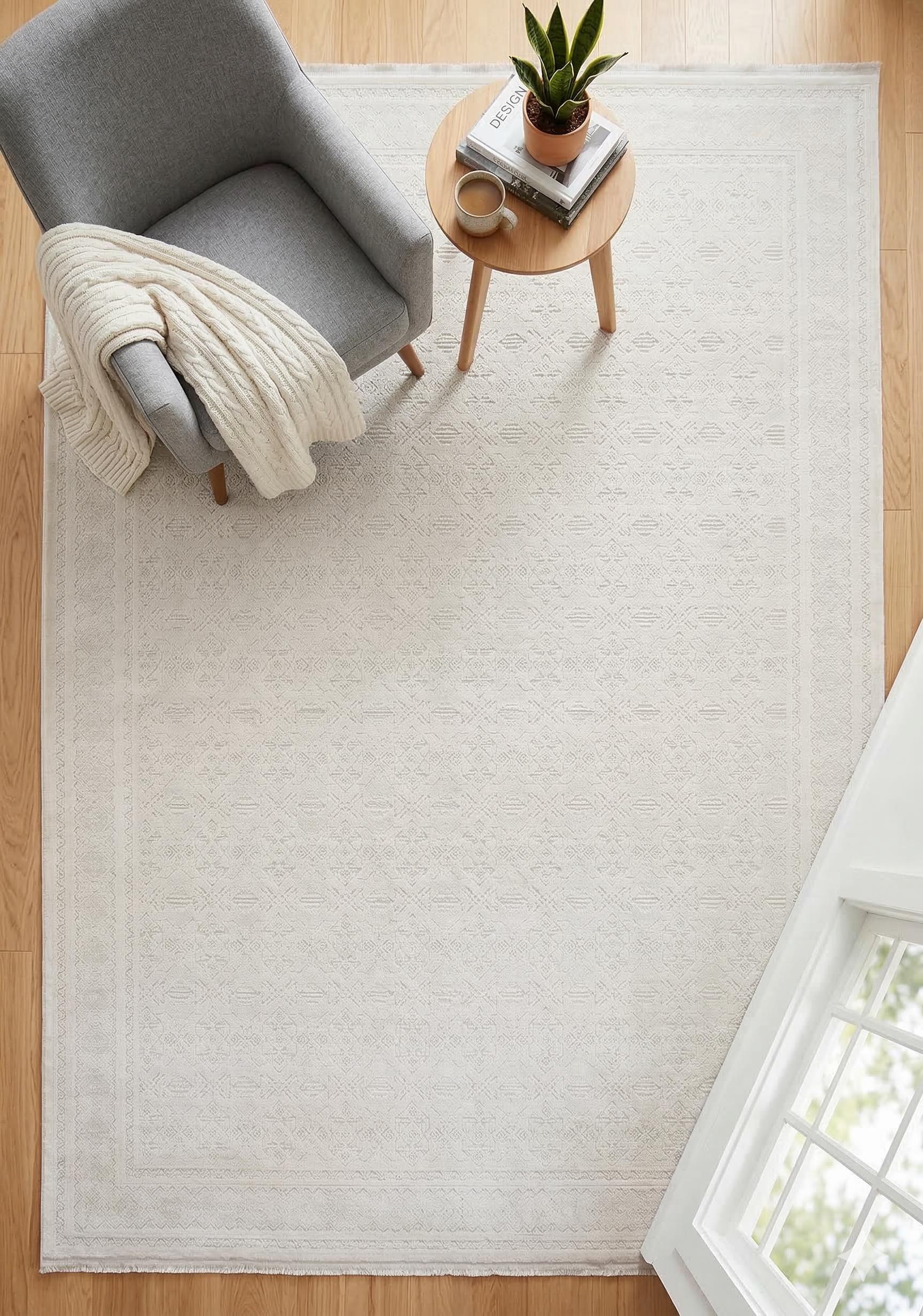 7x10ft, Cream Viscose Geometric Area Rug, Tone-on-Tone Boho Living Room Carpet