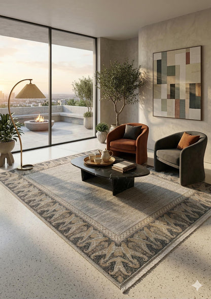 7x10ft, Beige Classic oriental Rug: Bamboo Yarn,fine fringes carpet