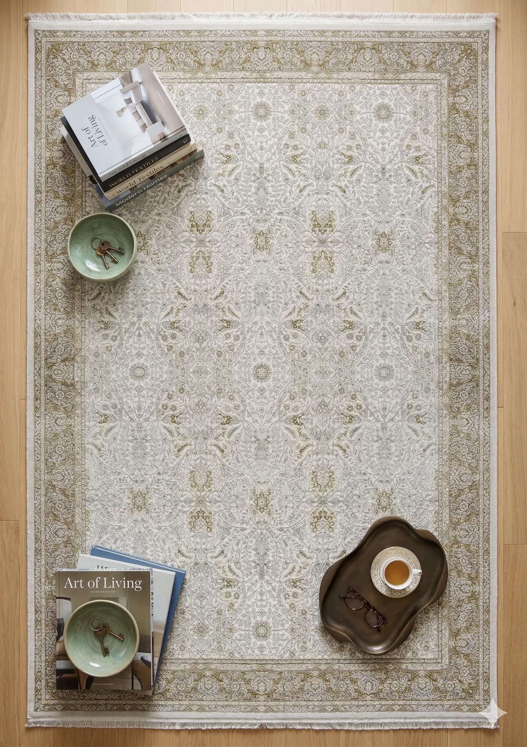 7x10 ft, Beige Classic oriental Rug: Bamboo Yarn,fine fringes carpet