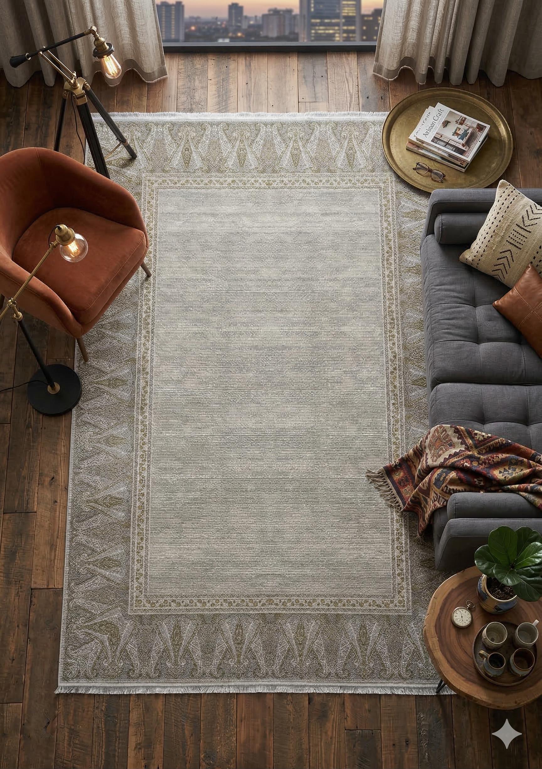 7x10 ft, Beige Classic oriental Rug: Bamboo Yarn,fine fringes carpet