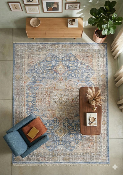 Distressed Medallion Area Rug – Blue Boho Vintage Carpet, Machine Washable Antiallergic (200x290 cm)