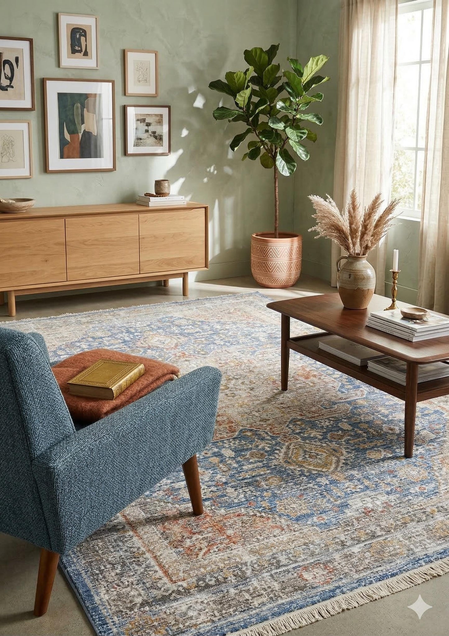 Distressed Medallion Area Rug – Blue Boho Vintage Carpet, Machine Washable Antiallergic (200x290 cm)