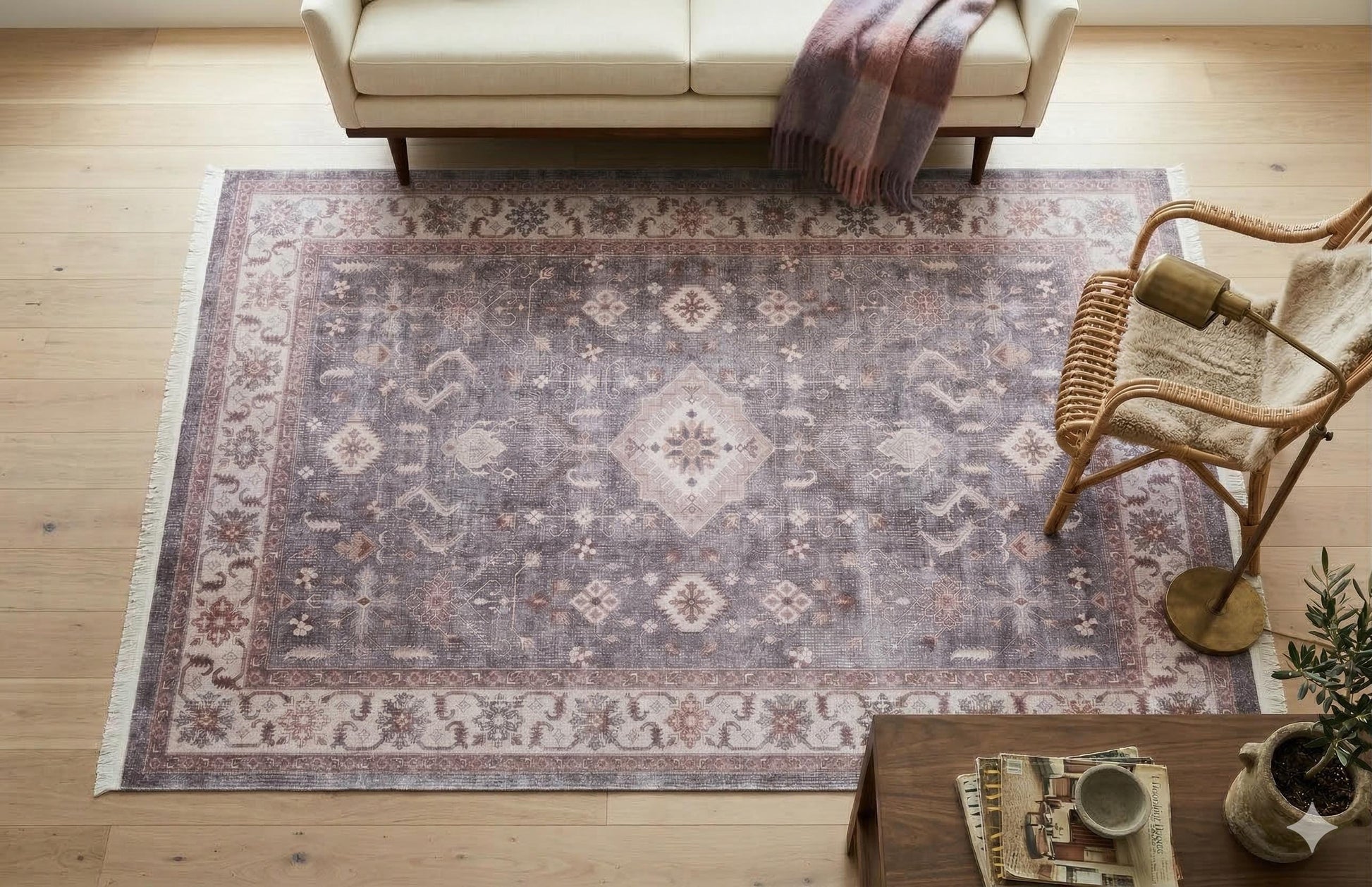Beige Vintage Oriental Classic Rug: Washable Beige Oushak Carpet with Tassels