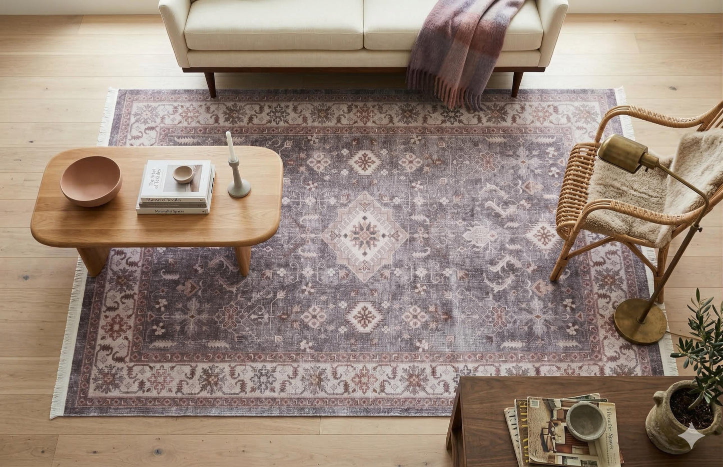 Beige Vintage Oriental Classic Rug: Washable Beige Oushak Carpet with Tassels