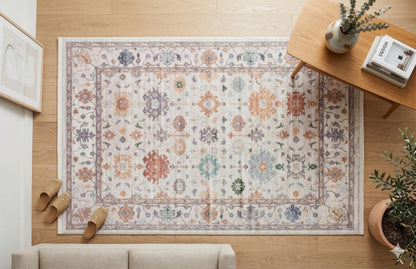Beige Vintage Oriental Classic Rug: Washable Beige Oushak Carpet with Tassels