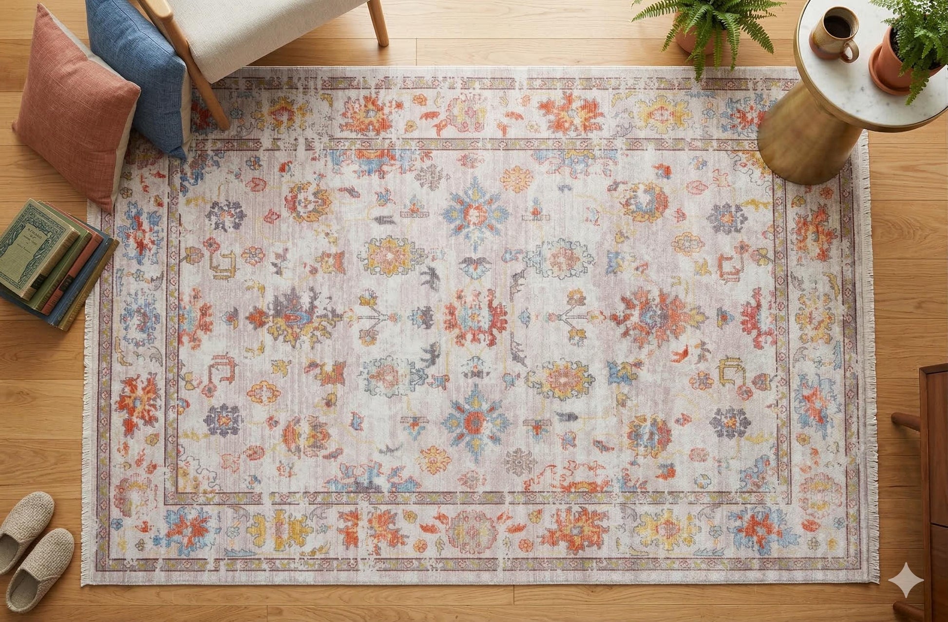 Beige Vintage Oriental Classic Rug: Washable Beige Oushak Carpet with Tassels
