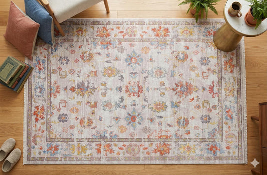 Beige Vintage Oriental Classic Rug: Washable Beige Oushak Carpet with Tassels