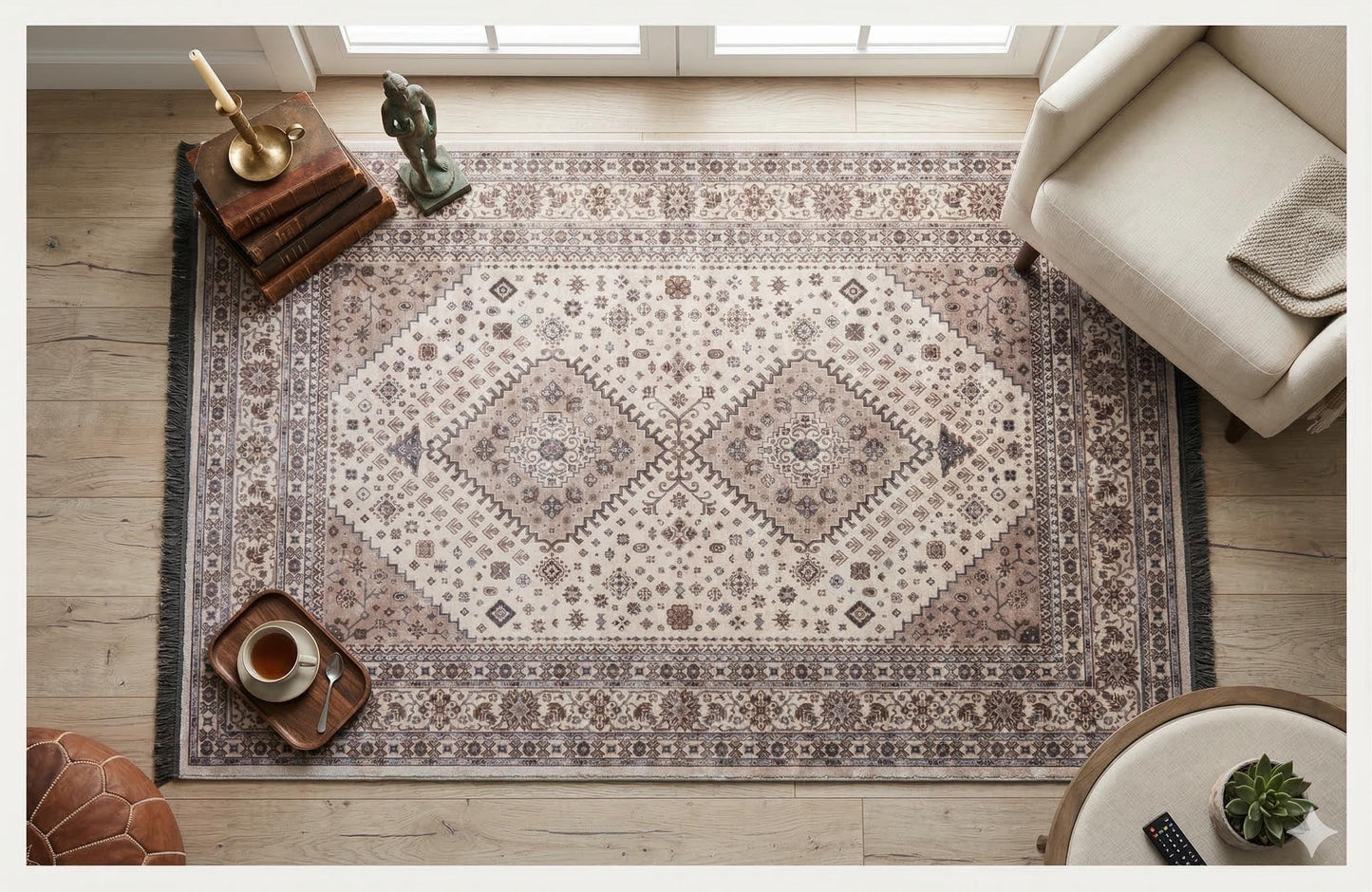 Beige Vintage Oriental Classic Rug: Washable Beige Oushak Carpet with Tassels