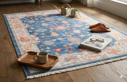 Blue Vintage Oriental Classic Rug: Washable Blue Oushak Carpet with Tassels
