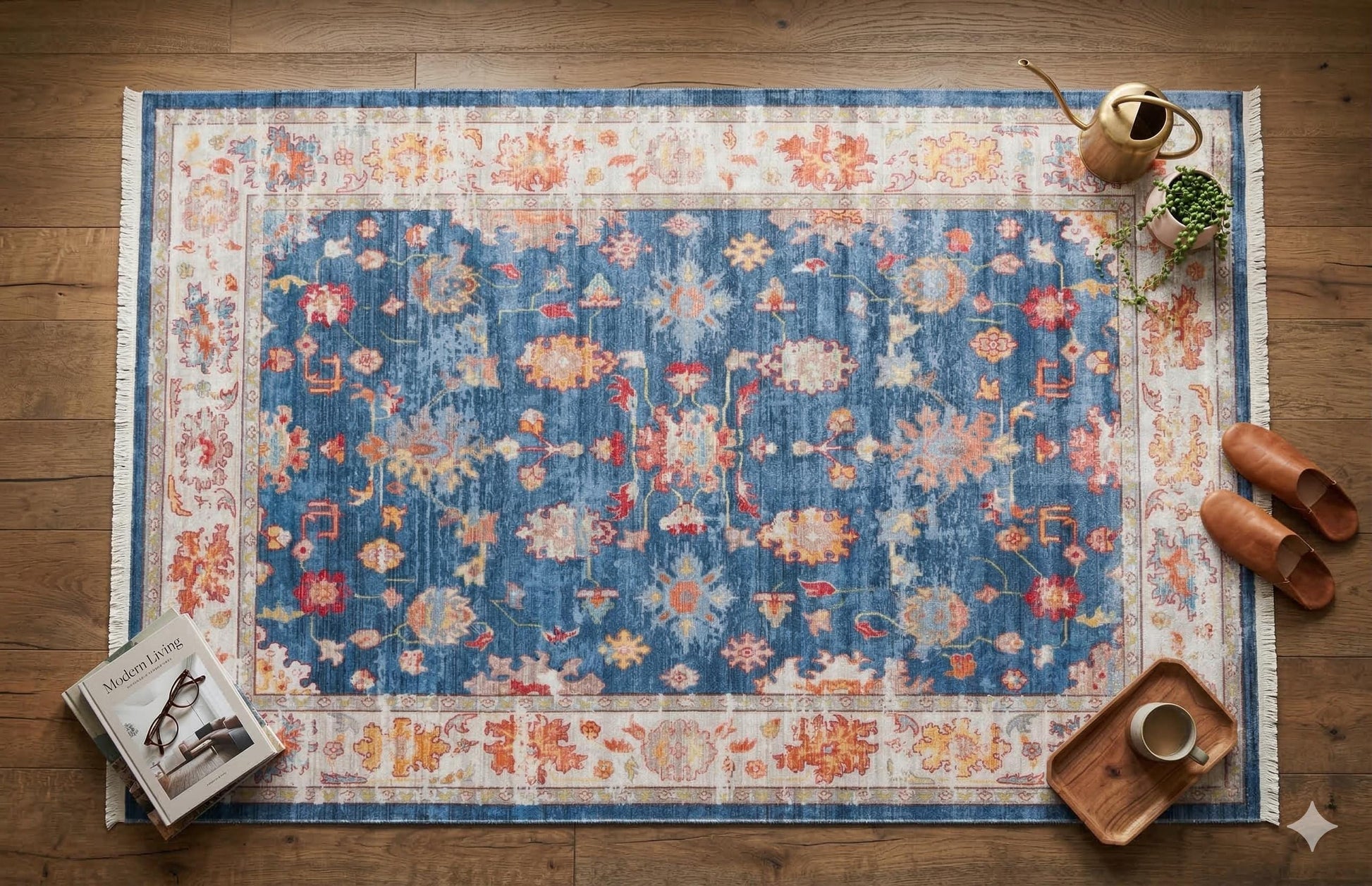 Blue Vintage Oriental Classic Rug: Washable Blue Oushak Carpet with Tassels