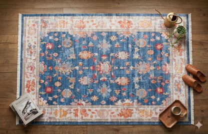 Blue Vintage Oriental Classic Rug: Washable Blue Oushak Carpet with Tassels
