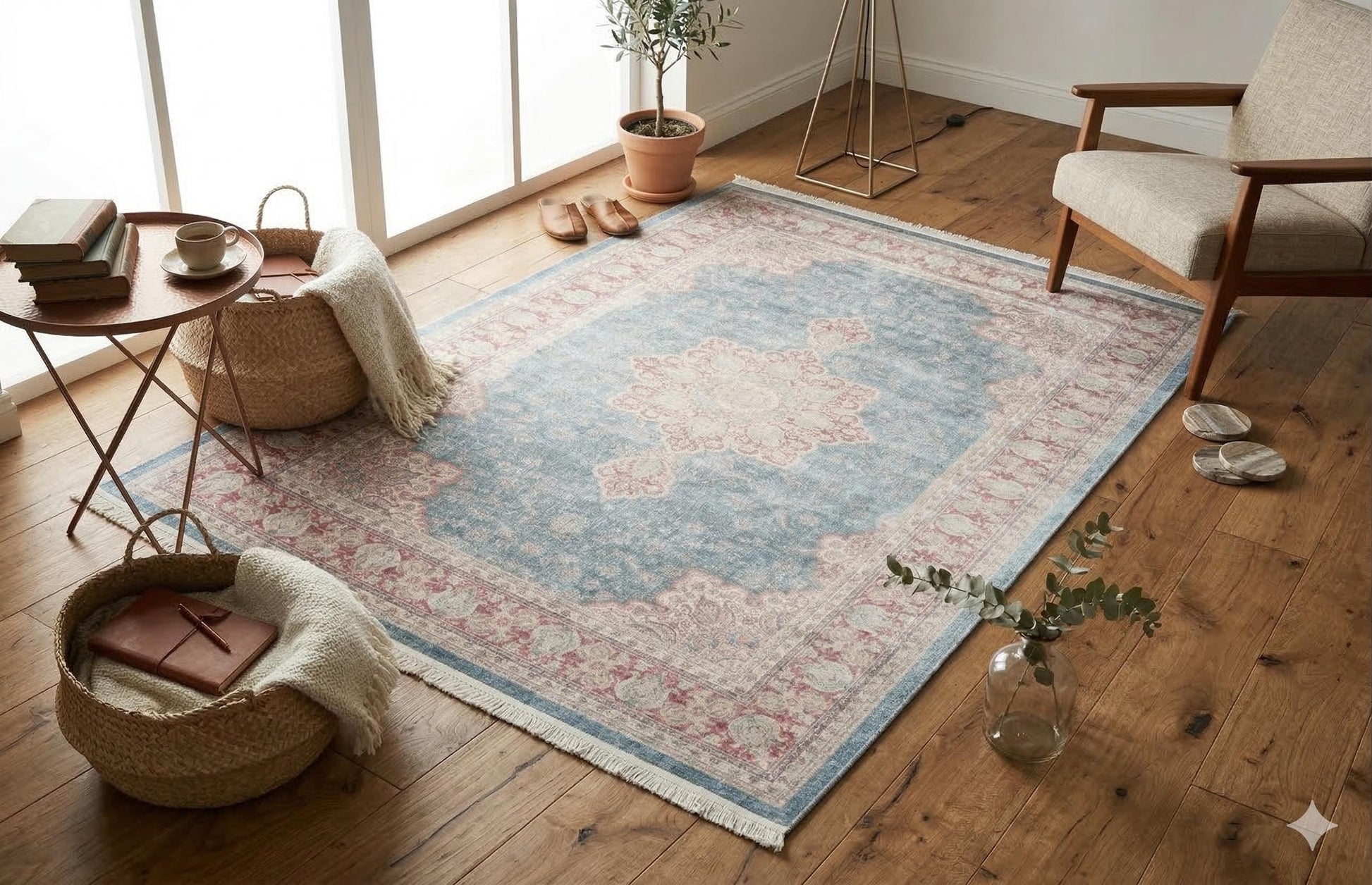 Blue Vintage Oriental Classic Rug: Washable Blue Carpet with Tassels