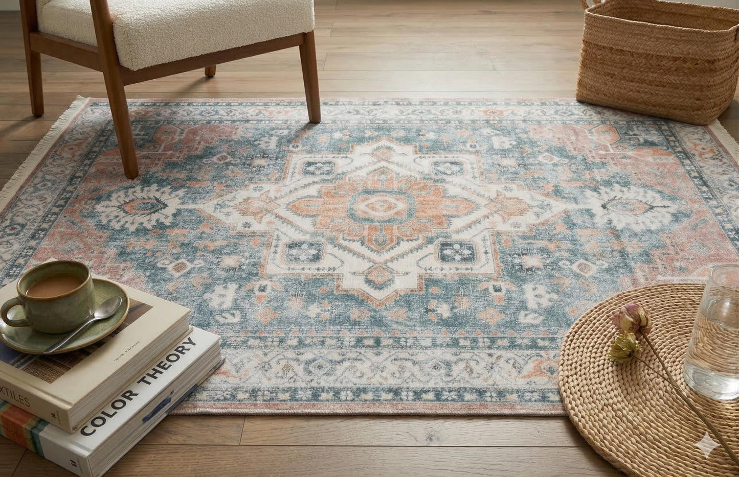 Blue Vintage Oriental Classic Rug: Washable Blue Carpet with Tassels