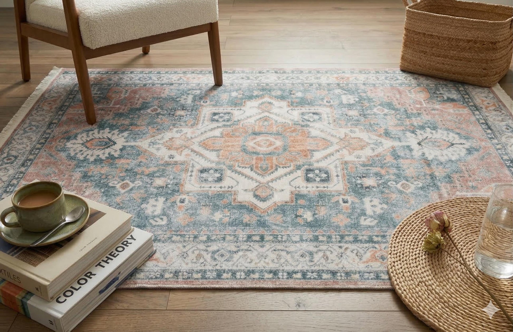 Blue Vintage Oriental Classic Rug: Washable Blue Carpet with Tassels