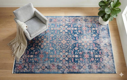 Blue Vintage Oriental Classic Rug: Washable Blue Carpet with Tassels