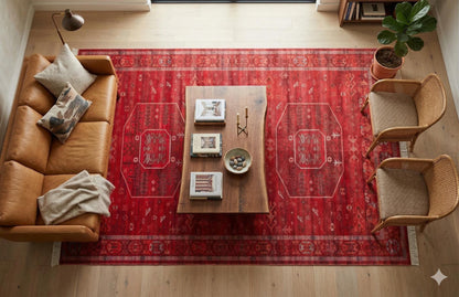 Red Vintage Oriental Afghan Rug: Washable Red Carpet with Tassels