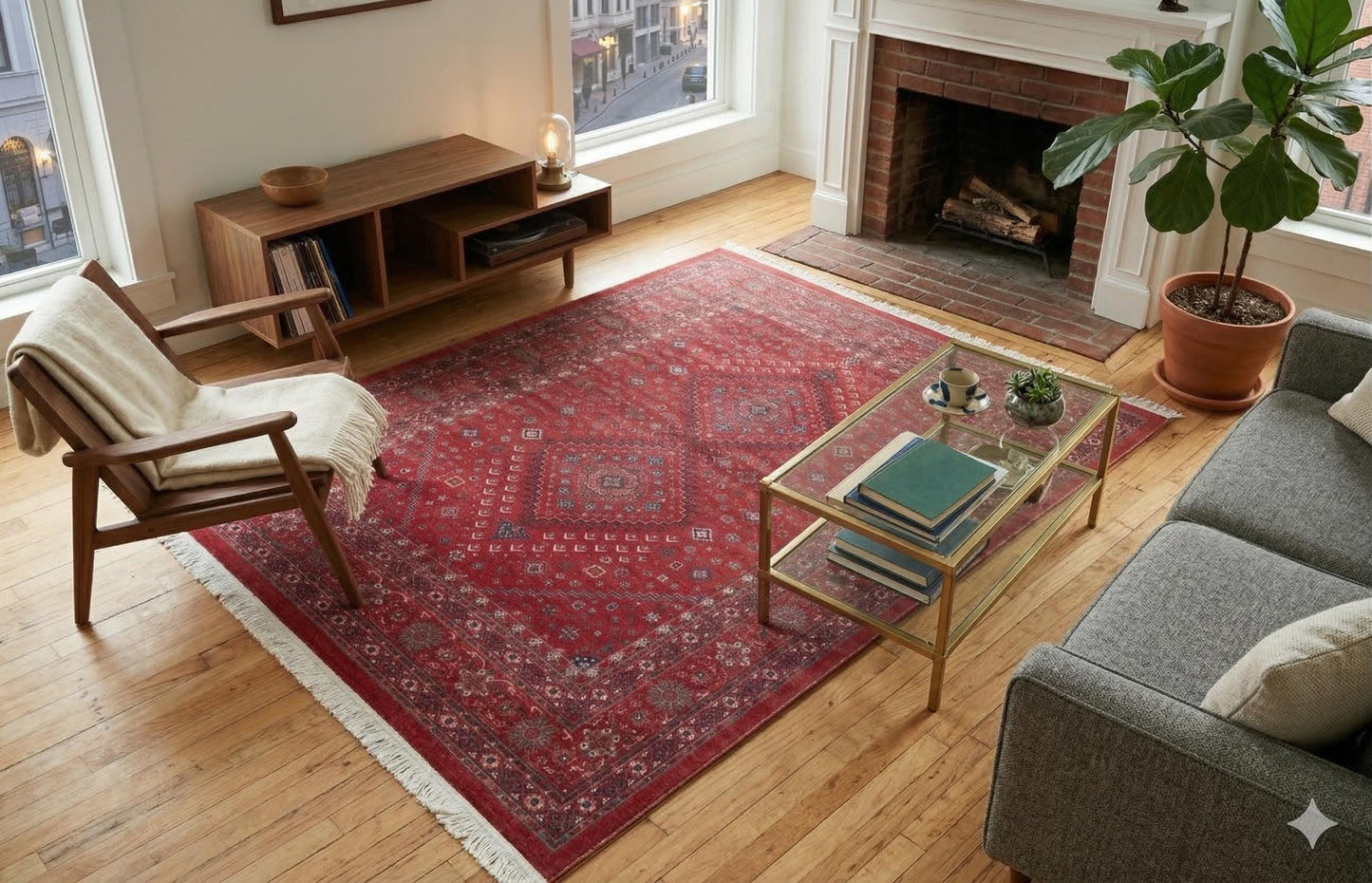 Red Vintage Oriental Afghan Rug: Washable Red Carpet with Tassels