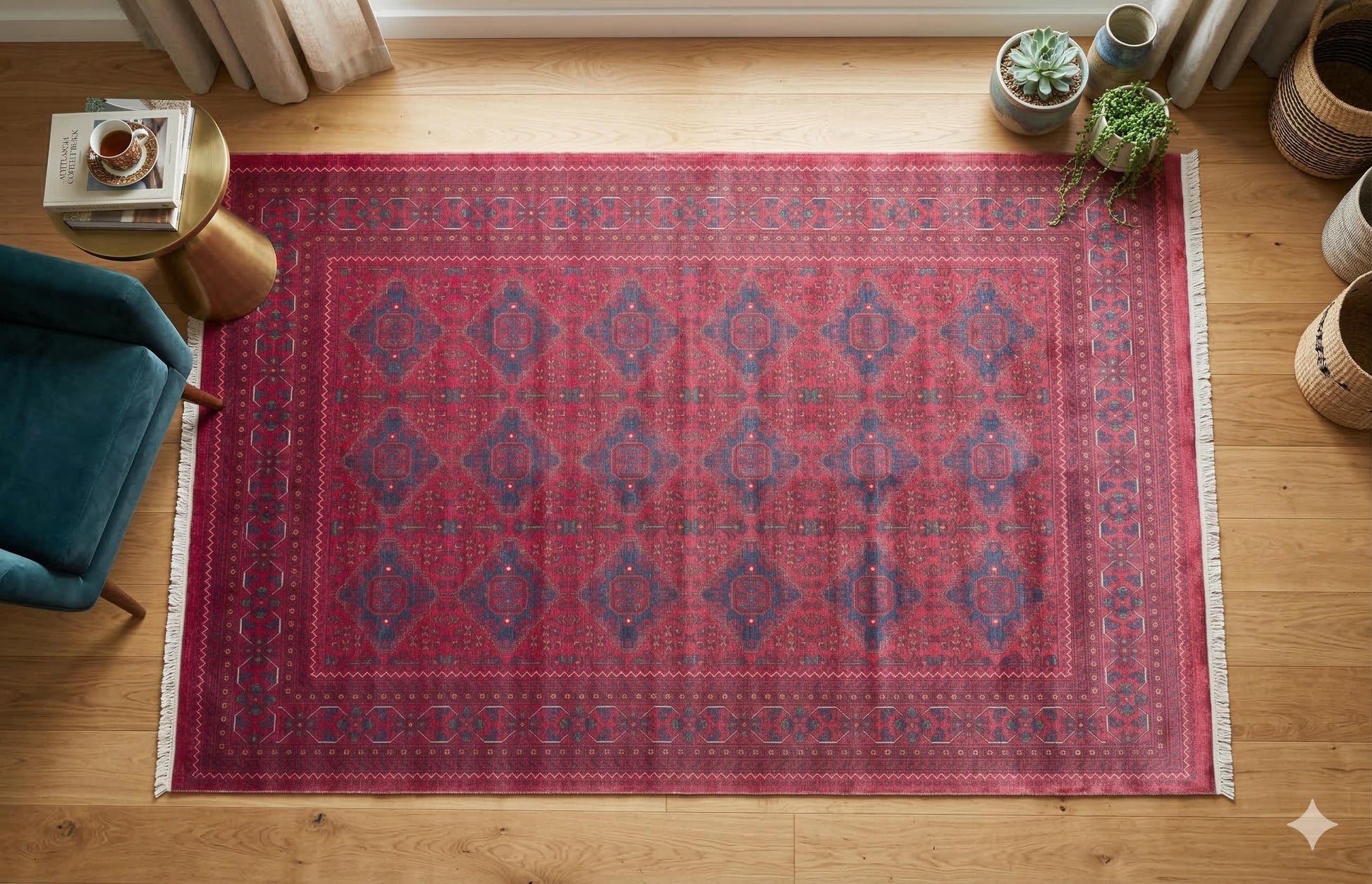 Red Vintage Oriental Afghan Rug: Washable Red Carpet with Tassels