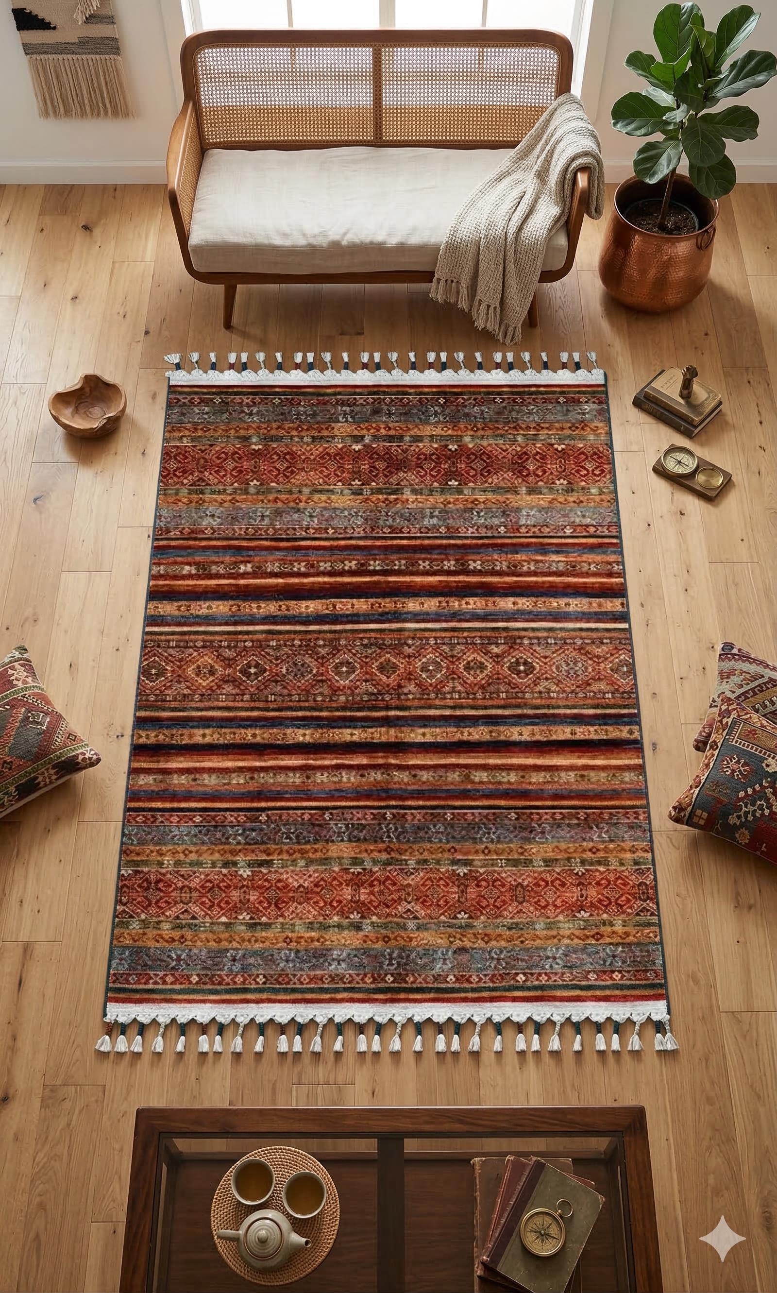 Red Vintage Rug: Classic Washable Rug with Tassels